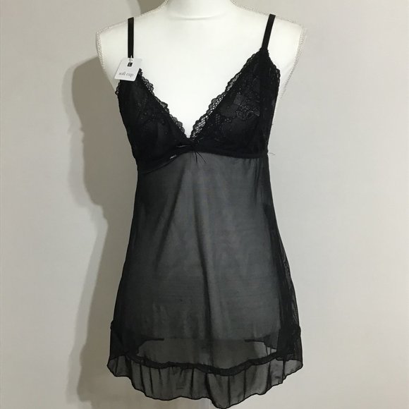 Womens Black Size Large Lacey Chemise & G-String Set Rene Rofe Sexy Slinky - Picture 1 of 7